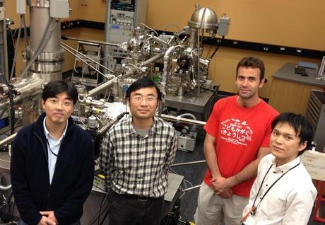 The research group that studies air exposure-induced gas molecule incorporation into Spiro-MeOTAD films.  From left: Katsuya Luis Ono, Yabing Qi, Gueorgui Nikiforov and Yuichi Kato.
