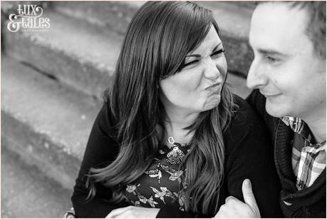 Bride makes silly face at relaxed engagment shoot in Scarborough