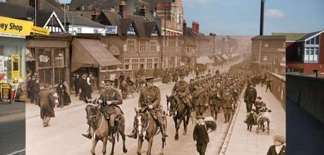 A vintage postcard shows the 4th King’s Own Royal Lancers Regiment marching into Tonbridge, England during World War One, circa March 1915. Postcard image by Popperfoto/Getty Images. 2014 photo by Peter Macdiarmid/Getty Images