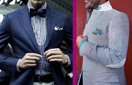 A gingham shirt on the left and a gingham jacket on the right.
