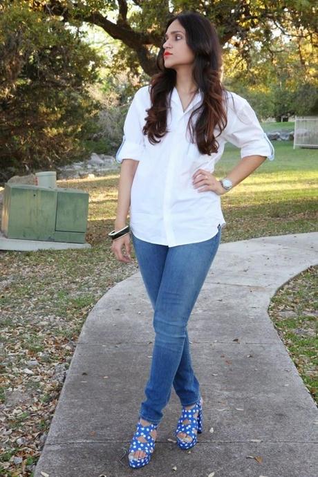 Button Down Shirt, Skinny Jeans, Polka Dot Heels, Tanvii.com