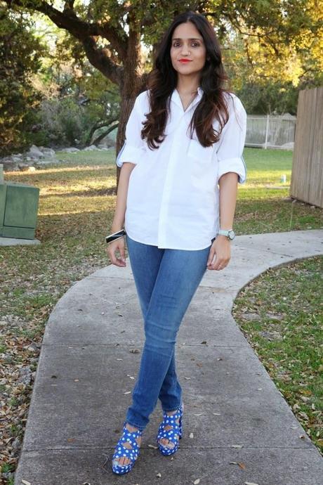 Button Down Shirt, Skinny Jeans, Polka Dot Heels, Tanvii.com