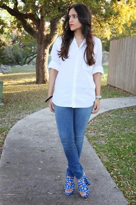 Button Down Shirt, Skinny Jeans, Polka Dot Heels, Tanvii.com