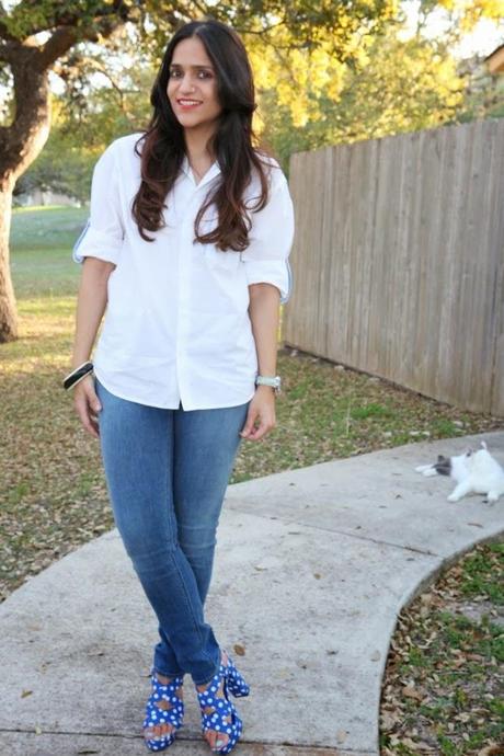 Button Down Shirt, Skinny Jeans, Polka Dot Heels, Tanvii.com