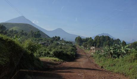 Approaching Mgahinga and the Virunga volcanoes from Kisoro