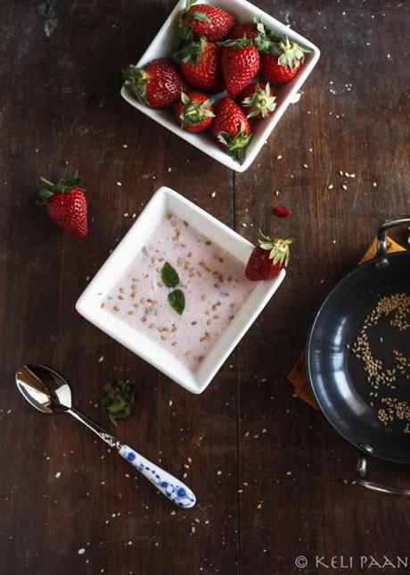 Strawberry-Basil Raita with toasted sesame seeds...