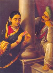 Woman Talking to a Shy Man by Ravi Varma