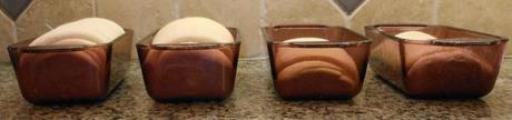 This picture really shows the difference.  By this time, the loaves on the right had been rising for almost 2 hours.  The ones on the left?  30 minutes.