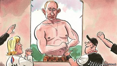 Cartoon of bare chested Putin portrait on a wall