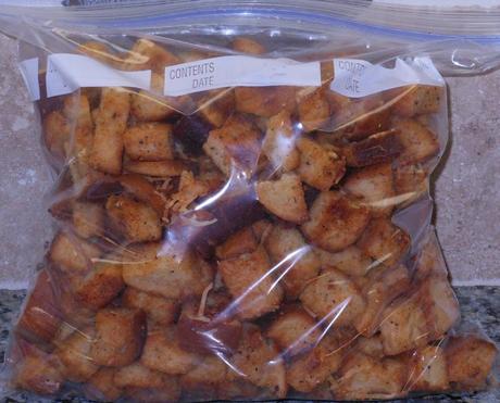 After they cooled completely, I put them in a ziplock bag.  We're having Chicken Caesar Salad tonight with these delicious croutons!