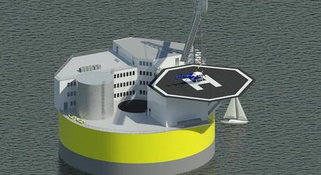 This illustration shows a possible configuration of a floating offshore nuclear plant, based on design work by Jacopo Buongiorno and others at MIT's Department of Nuclear Science and Engineering. Like offshore oil drilling platforms, the structure would include living quarters and a helipad for transportation to the site.