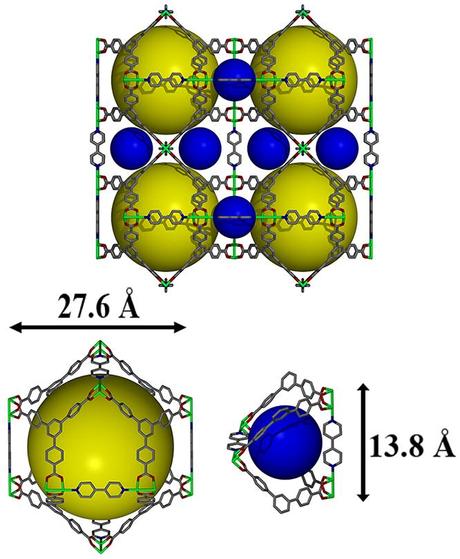 PNNL developed a nickel-based metal organic framework, shown here in an illustration, to hold onto polysulfide molecules in the cathodes of lithium-sulfur batteries and extend the batteries’ lifespans. The colored spheres in this image represent the 3D material’s tiny pores into with the polysulfides become trapped.