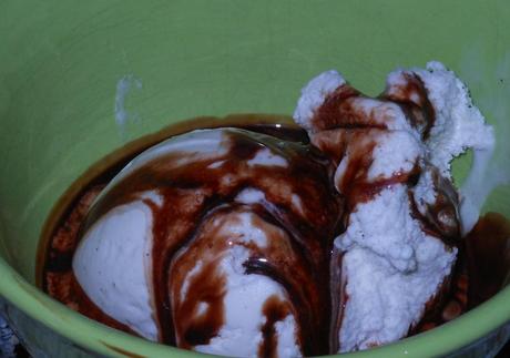 Ice cream with knock-off Hershey's chocolate syrup.