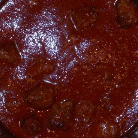 Spaghetti sauce with homemade meatballs containing my homemade bread crumbs.