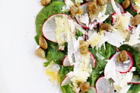 Spinach salad with capers, Parmesan cheese and radishes #169