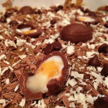 creme egg cookie pizza chocolate toppings milk and white chocolate chips