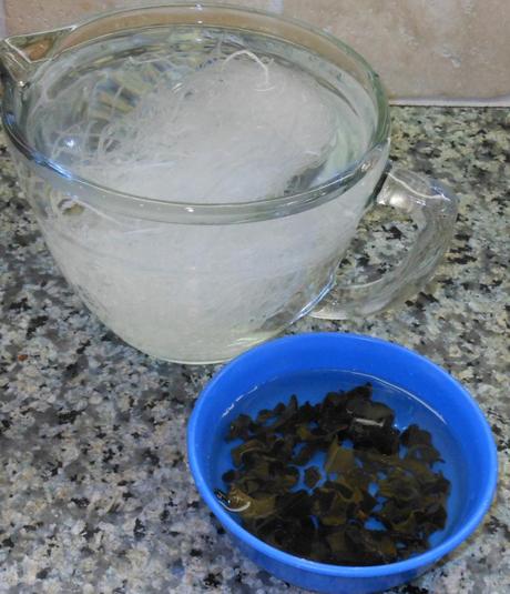 Softening the bean thread noodles and wood ear mushrooms.  I used a a couple tablespoons of dried wood ear mushrooms and one 