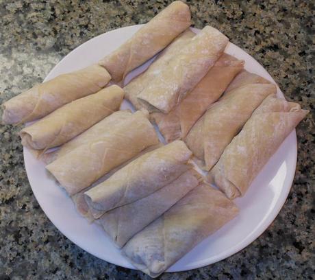 And here are the egg rolls, ready to fry.  I preheated my oil to 375 degrees Fahrenheit.