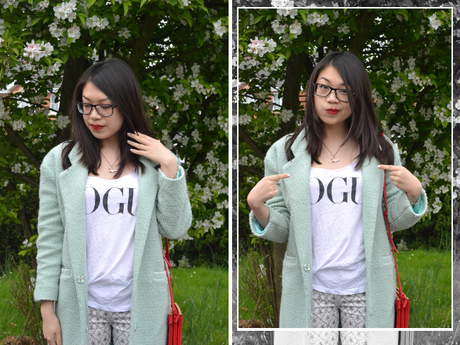 Daisybutter - UK Style and Fashion Blog: mint green coat, patterned jeans, slogan t-shirt