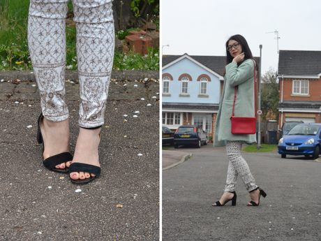 Daisybutter - UK Style and Fashion Blog: mint green coat, patterned jeans, slogan t-shirt