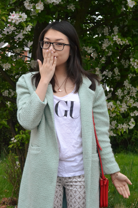 Daisybutter - UK Style and Fashion Blog: mint green coat, patterned jeans, slogan t-shirt