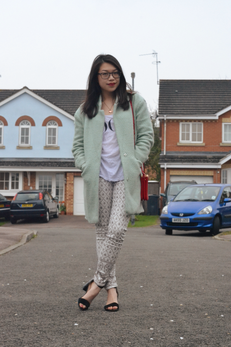 Daisybutter - UK Style and Fashion Blog: mint green coat, patterned jeans, slogan t-shirt