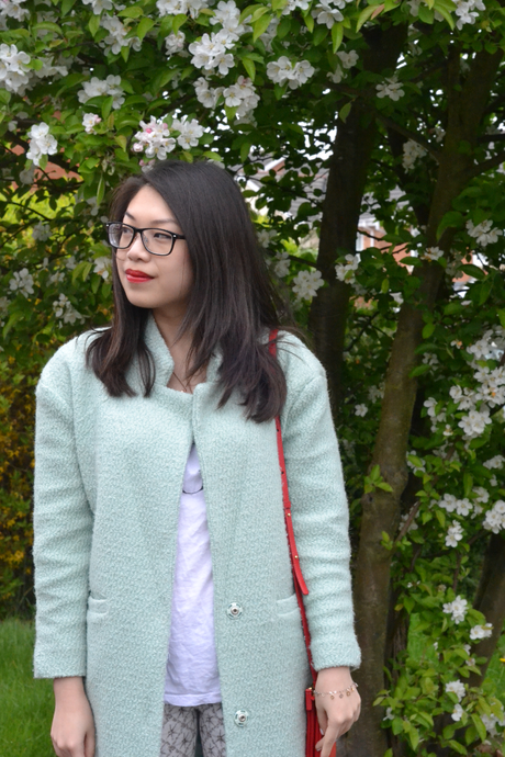 Daisybutter - UK Style and Fashion Blog: mint green coat, patterned jeans, slogan t-shirt