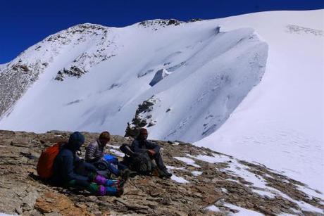 A rest before the final assault - another 200m vertical and another hour of 'cramponing' up this dubious slope filled with holes! 