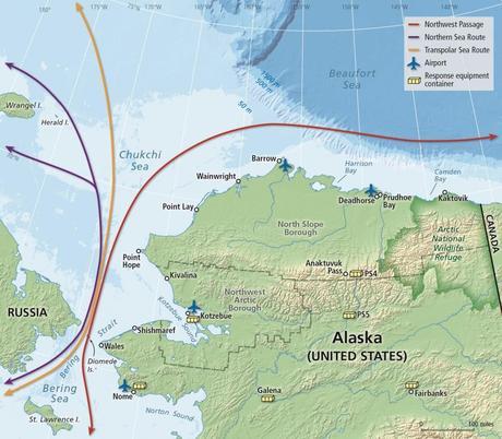 Arctic shipping routes, Alaska Department of Environmental Conservation (ADEC) spill response equipment depots, and villages and towns with the capacity to land passenger jets in Alaska. 