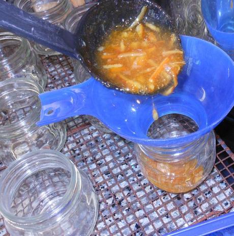 I put them on a rack, then I placed my funnel inside one of the jars and ladled in the hot marmalade.  As the marmalade gets near the top of the jar, I lift the funnel just a bit, but that is not  required.  I think it keeps the rim of my jars a bit cleaner when I put the funnel in a clean jar.