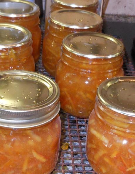 I cleaned the rims of the jars with a wet paper towel to ensure that there was no marmalade on the rim.  If the rims aren't clean, you won't get a good seal on your jar, and it won't stay fresh.  It doesn't take very long, but this is a VERY important step.  Once the rims are clean, carefully remove the seals from the hot water (a lid lifter is very handy for this task).  Then place one seal on each jar.  Next, screw the ring onto the jar until fingertip tight.   It was described to me that this means that you tighten the ring with your fingertips only to ensure you do not over tighten!  