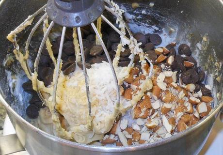 Then came the fun part!  I added the sweetened coconut, chocolate chips, and chopped almonds and mixed well.