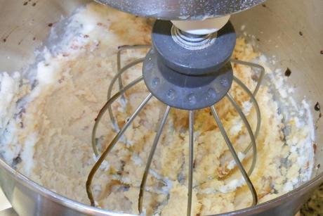 First, I put 2 sticks of salted butter into my mixer along with 1 1/4 cups of granulated sugar and 1 tablespoon molasses.  Then, I turned the mixer to medium and let it go until they were well incorporated.