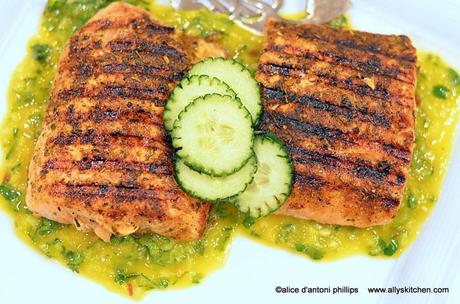 ~caribbean salmon with mango cucumber salsa~