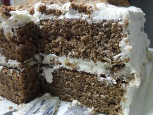 Chocolate Cake with White Frosting and Caramel-Almond chocolate Pieces