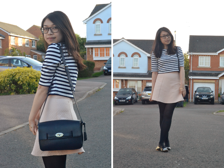 Daisybutter - UK Style and Fashion Blog: what i wore, H&M striped top, pastel pink skirt, Mulberry Bayswater Shoulder Midnight Navy blog