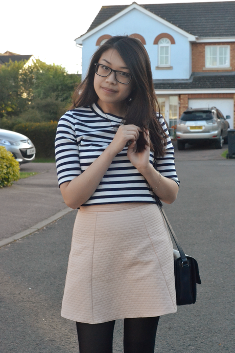 Daisybutter - UK Style and Fashion Blog: what i wore, H&M striped top, pastel pink skirt, Mulberry Bayswater Shoulder Midnight Navy blog
