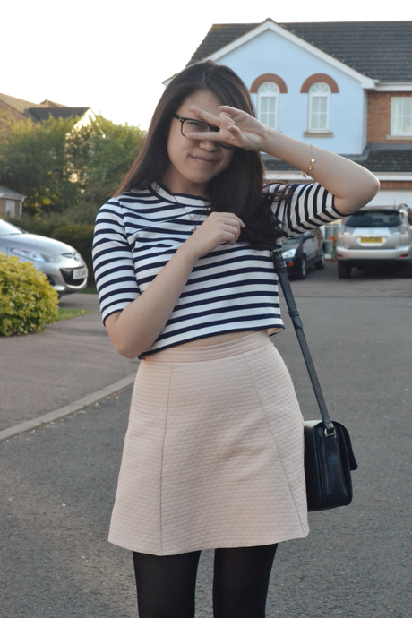 Daisybutter - UK Style and Fashion Blog: what i wore, H&M striped top, pastel pink skirt, Mulberry Bayswater Shoulder Midnight Navy blog