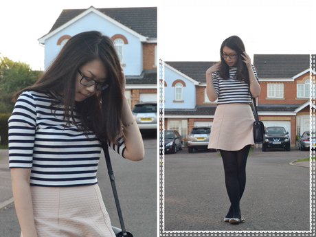 Daisybutter - UK Style and Fashion Blog: what i wore, H&M striped top, pastel pink skirt, Mulberry Bayswater Shoulder Midnight Navy blog