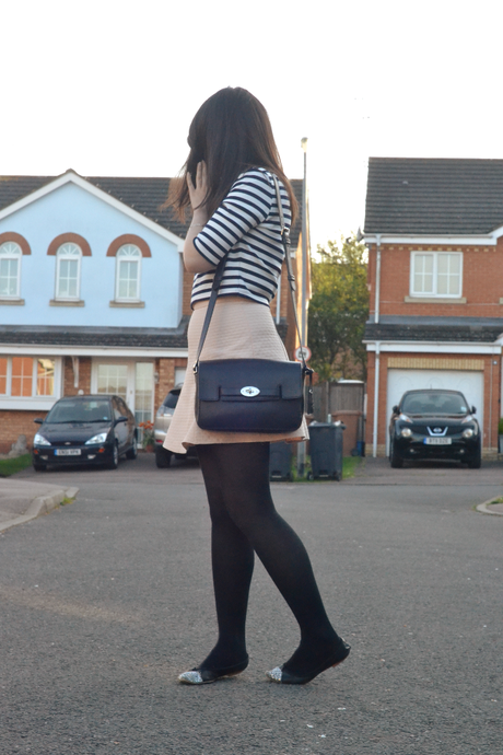 Daisybutter - UK Style and Fashion Blog: what i wore, H&M striped top, pastel pink skirt, Mulberry Bayswater Shoulder Midnight Navy blog
