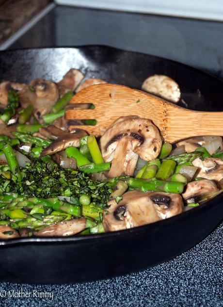 Asparagus, Mushroom and Tomato sauté with Fresh Basil and Parmesan Cheese