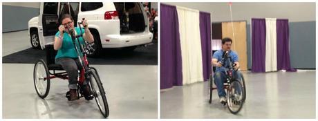 Emily and her father taking turns trying out a red Invacare Top End Excelerator Series Handcycle.