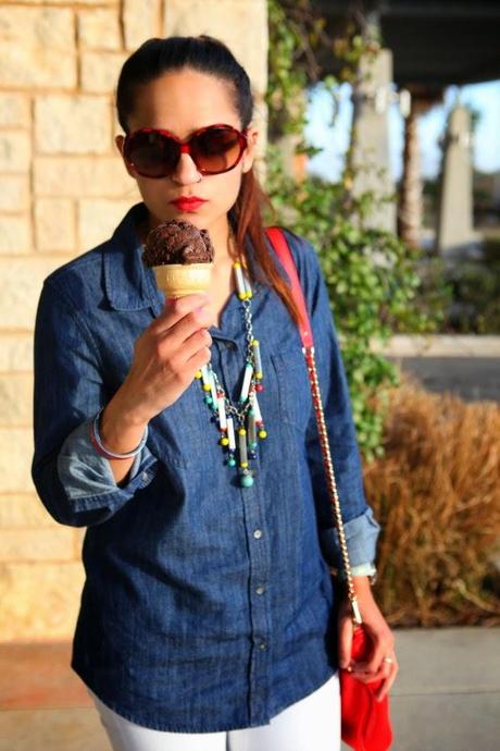 White Chambray Shirts, White Denims, Metallic Flats, Rebecca Minkoff Crossbody Bag, Tanvii.com