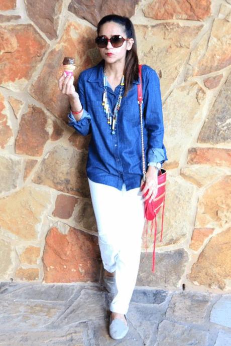 White Chambray Shirts, White Denims, Metallic Flats, Rebecca Minkoff Crossbody Bag, Tanvii.com