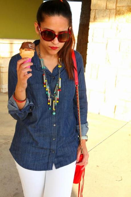 White Chambray Shirts, White Denims, Metallic Flats, Rebecca Minkoff Crossbody Bag, Tanvii.com