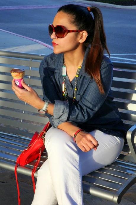 White Chambray Shirts, White Denims, Metallic Flats, Rebecca Minkoff Crossbody Bag, Tanvii.com