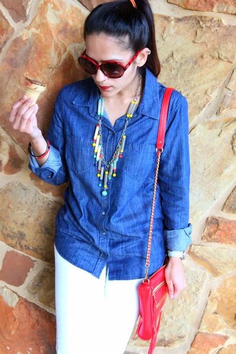 White Chambray Shirts, White Denims, Metallic Flats, Rebecca Minkoff Crossbody Bag, Tanvii.com