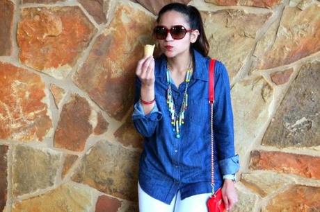 White Chambray Shirts, White Denims, Metallic Flats, Rebecca Minkoff Crossbody Bag, Tanvii.com