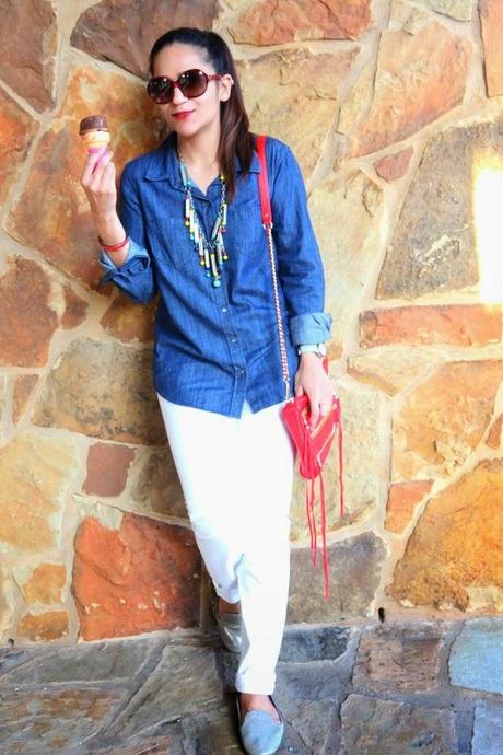 White Chambray Shirts, White Denims, Metallic Flats, Rebecca Minkoff Crossbody Bag, Tanvii.com