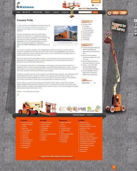 A rustic style for a construction company website. Matching orange, white & gray color scheme. I like the crane and machinery images at the right of body and footer. Link. 